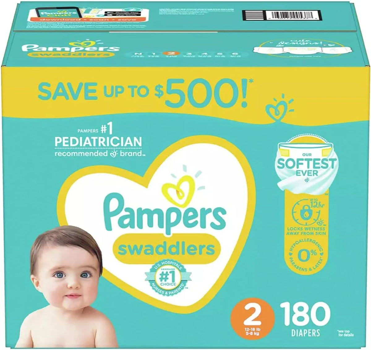 Pampers Swaddlers Diapers, Newborn (Less Than 10 Pounds), 174 Count