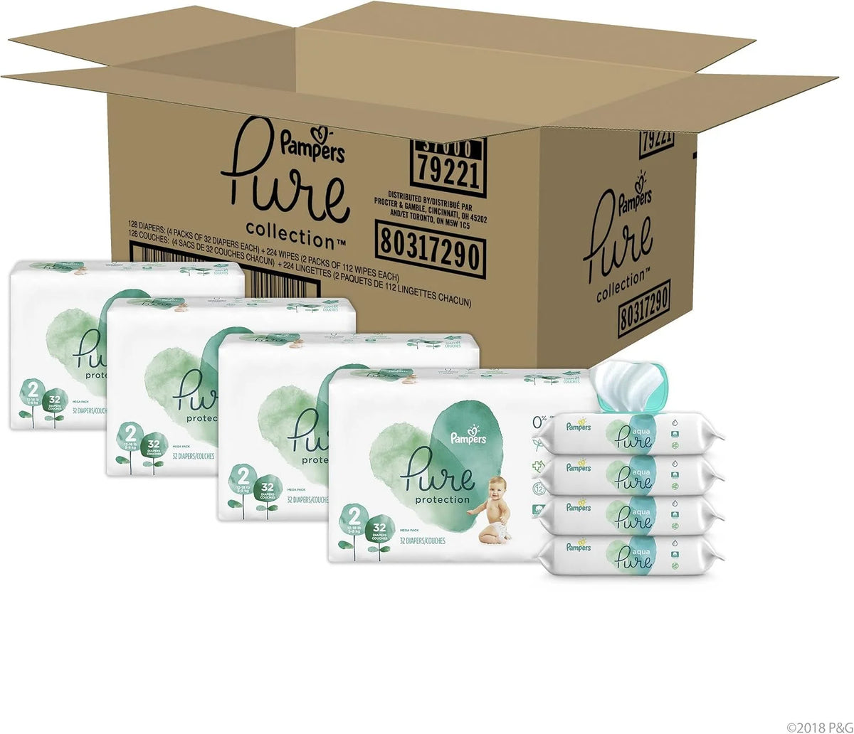 Pampers Pure Disposable Baby Diapers, Hypoallergenic and Fragrance Free Protection Size 2, 128 Ct. with Aqua Pure 4X Pop-Top Sensitive Water Baby Wipes, 224 Ct.