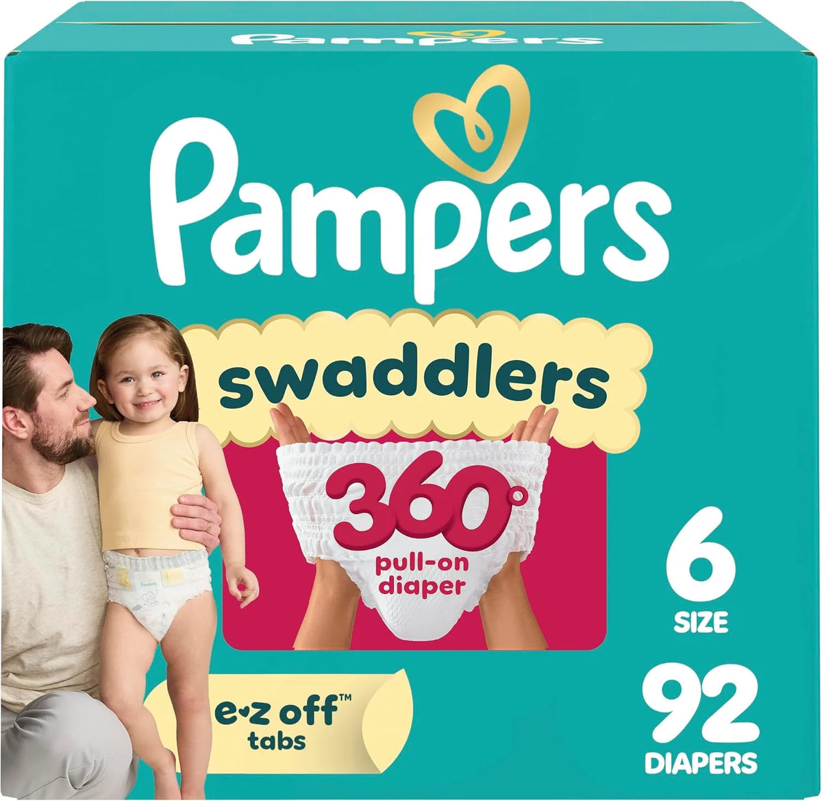 Pampers Diapers - Swaddlers 360° - Size 6, 92 Count, up to 100% Leakproof Comfy Dry Fit, Designed for Easy Changes, Pull On Baby Diaper