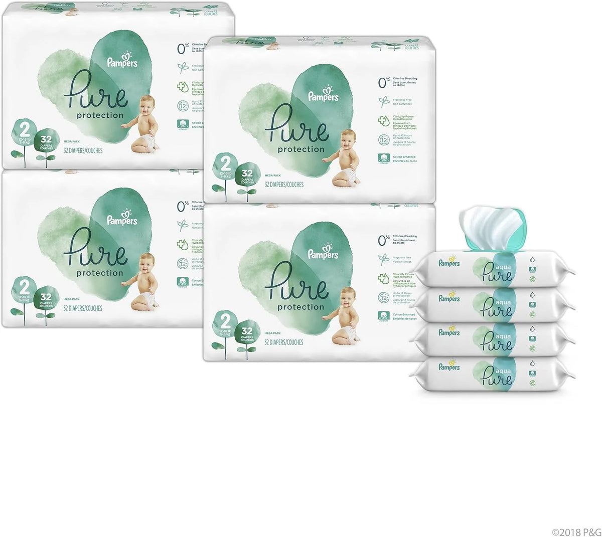 Pampers Pure Disposable Baby Diapers, Hypoallergenic and Fragrance Free Protection Size 2, 128 Ct. with Aqua Pure 4X Pop-Top Sensitive Water Baby Wipes, 224 Ct.