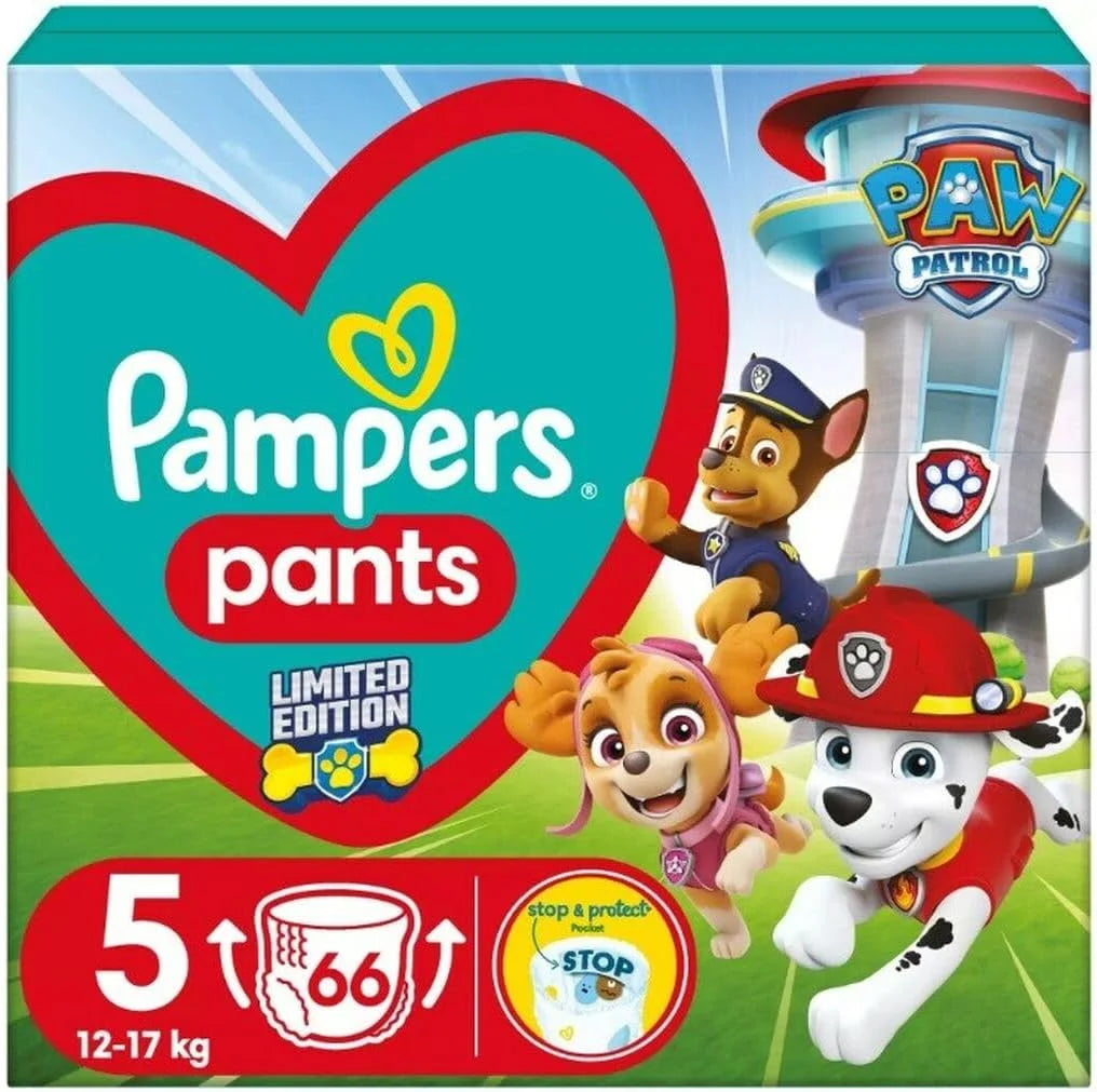 Pampers Pants Nappy Size 5 (12-17 kg), Dog Patrol Edition, Pack of 66, with Stop & Protect Anti-Leakage Back