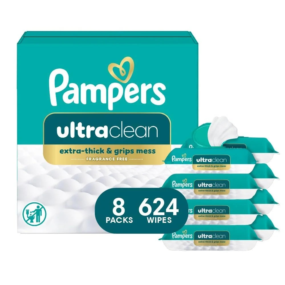 Pampers Ultraclean Baby Wipes, Unscented, Fragrance Free, Water Based, Hypoallergenic, Extra Thick & Grips Mess, 100% Plant Based, 624 Wipes Total (8X Flip-Top Packs)