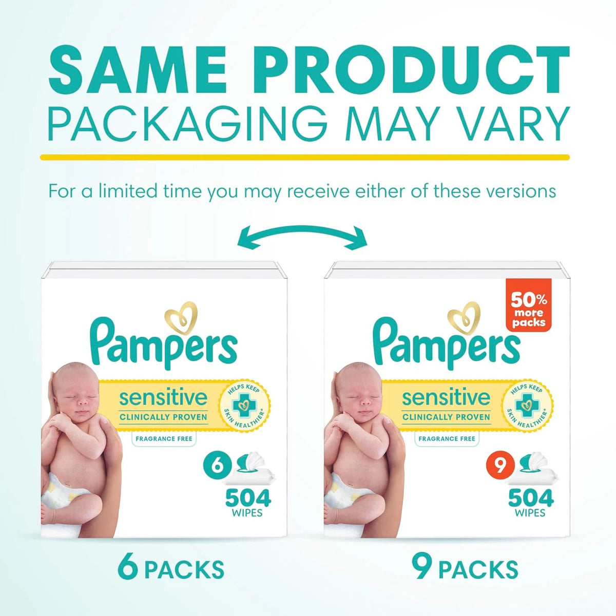 Pampers Sensitive Baby Wipes, Unscented, Fragrance Free, Clinically Proven, Water Based, Hypoallergenic, Multi-Use, Hand Wipes, 504 Wipes Total (9X Flip-Top Packs)